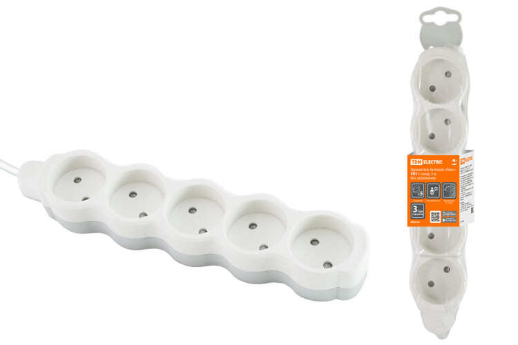 Удлинитель бытовой "Люкс" УЛ5 5 гнезд, 3м, б/з, с з/ш, ПВС 2х0,75 мм2 10А/250В бело-серый | SQ1303-0230 | TDM